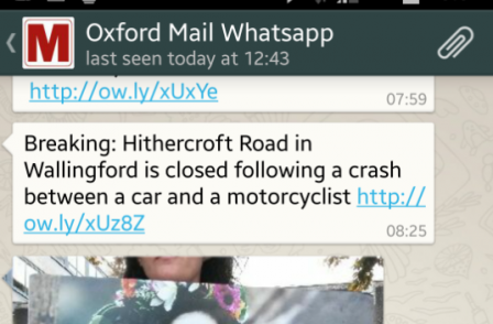 Oxford Mail embeds news updates in readers' phones via Whatsapp